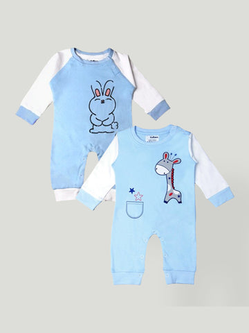 Kidbea Pack of 2 Full Sleeves Cotton Giraffe and Cute Print Romper/Bodysuit - Blue