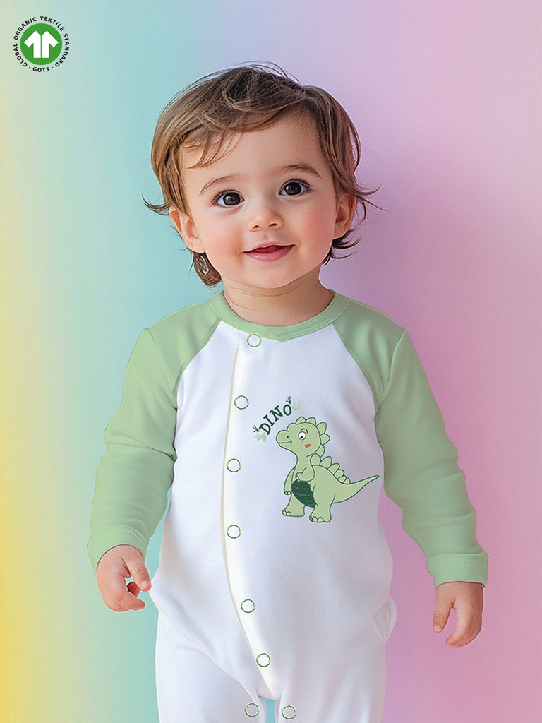 Kidbea 100% Organic Cotton Full Sleeves Dinosaur Printed Romper - Green