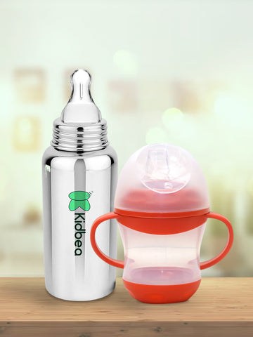 Kidbea Stainless Steel Infant Baby Feeding Bottle & Red Shipper soft pacifer/feeder, Anti-Colic, Plastic-Free,304 Grade Medium-Flow Combo of 2