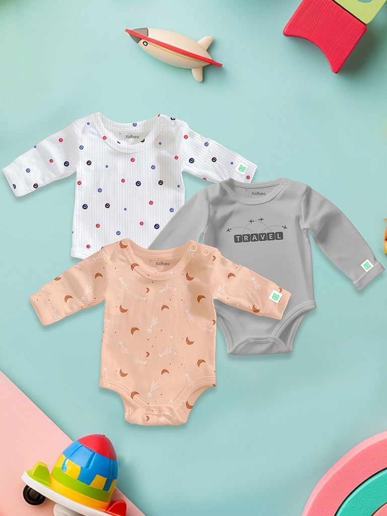 Kidbea Premium Unisex 100% Bamboo Ultra-Soft fabric Pack of 3 Onesies with Beautiful Prints  - Grey, Orange & Off White