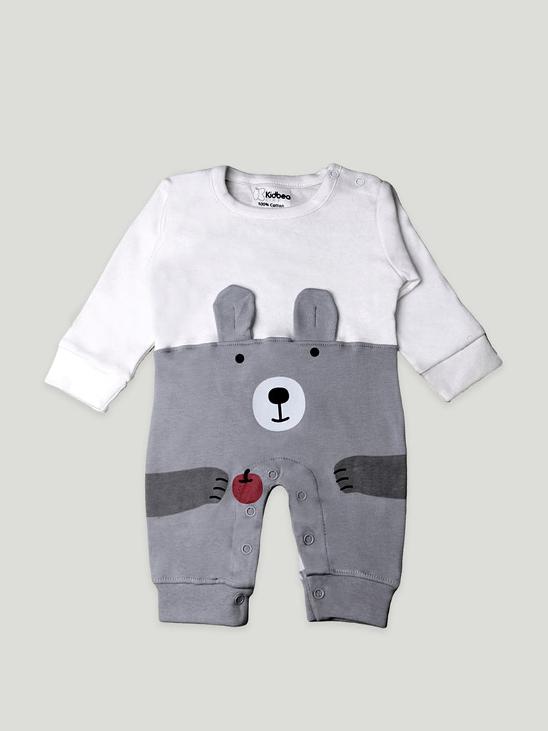 Kidbea Pack of 3 Cotton Full Sleeves Fox, Bear and Star Printed Romper - Grey & Blue