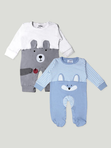 Kidbea Pack of 2 Full Sleeves Cotton Bear and Fox Print Romper/Bodysuit - Blue & Grey