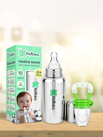 Kidbea Stainless Steel Infant Baby Feeding Bottle,Green silicon Fruit Feeder BPA Free, Anti-Colic, Plastic-Free,304 Grade Medium-Flow Combo of 2