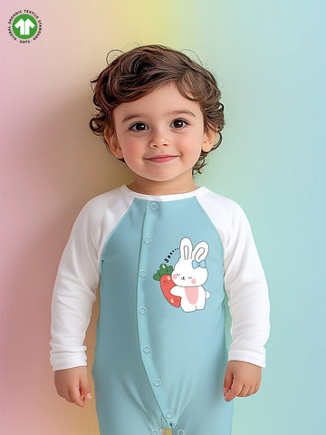 Kidbea 100% Organic Cotton Full Sleeves Bunny Printed Romper - Blue