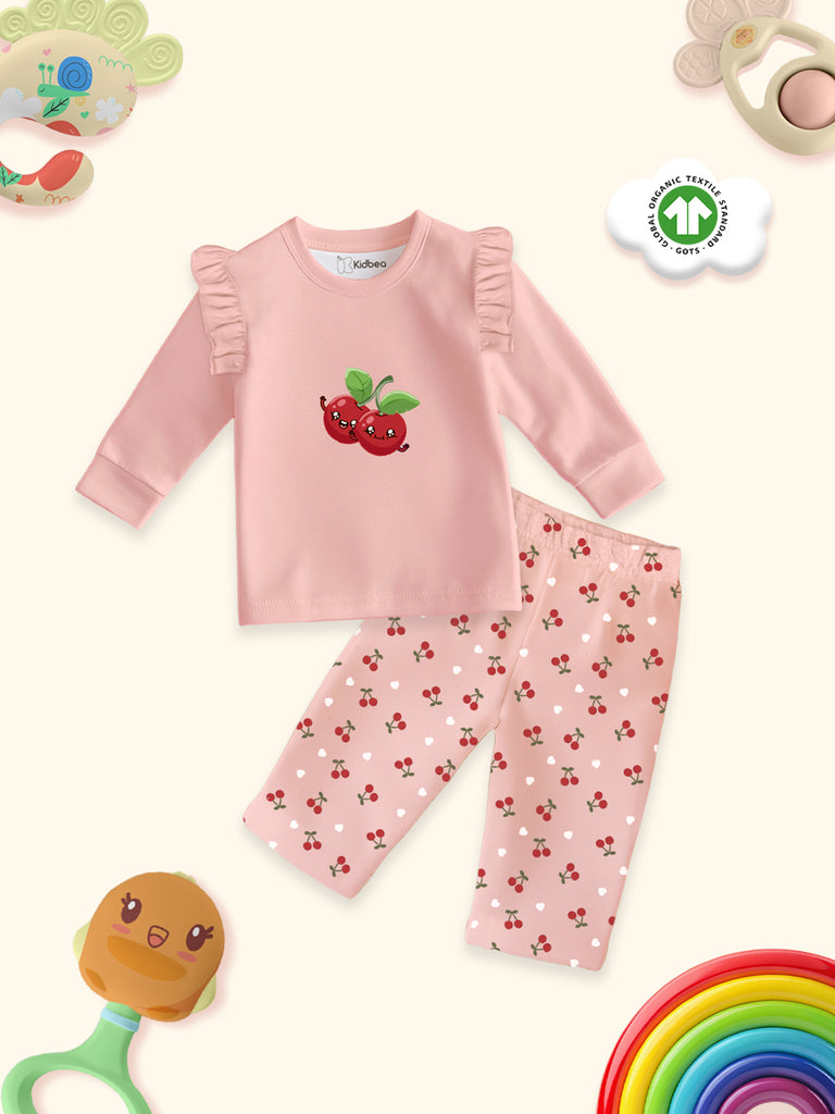 Kidbea 100% Bamboo Cotton Girls Full Sleeves Cherry Printed Co-Ord Set - Blush Pink