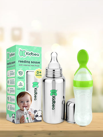 Kidbea Stainless Steel Infant Baby Feeding Bottle & Silicon Green Food soft pacifer/feeder, Anti-Colic, Plastic-Free,304 Grade Medium-Flow Combo of 2