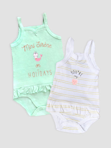 Kidbea Cotton Pack of 2 Baby Onesie Comfort Bodysuit for Baby Girls - Yellow Line & Green