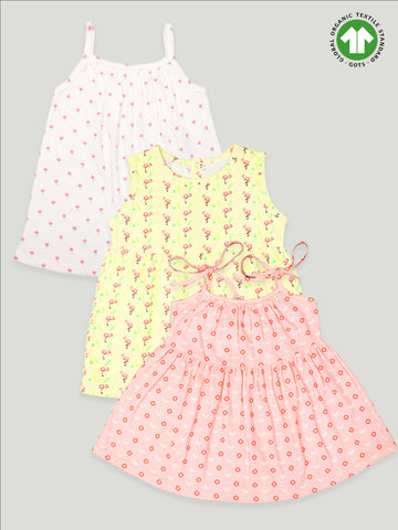 kidbea 100% Organic cotton girls frock | Pink Dots Frock and Pink White Top Pack of 3