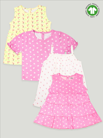 kidbea 100% Organic cotton girls frock | Pink & White Top, Heart and Flamingo & Heart Print Frock Pack of 4