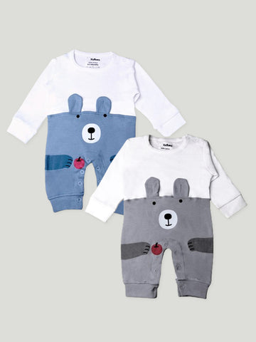 Kidbea Pack of 2 Full Sleeves Cotton Bear Print Romper/Bodysuit - Blue & Grey