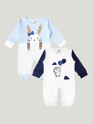 Kidbea Pack of 2 Full Sleeves Cotton Penguin and Kitty Print Romper/Bodysuit - Blue & White