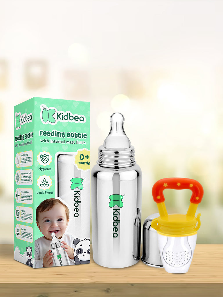 Kidbea Stainless Steel Infant Baby Feeding Bottle,Yellow silicon Fruit Feeder BPA Free, Anti-Colic, Plastic-Free,304 Grade Medium-Flow Combo of 2