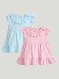 100% Charming Pink & Sky Blue Linen Girls Frock Combo | Stylish Pink & Blue Dresses for Girls