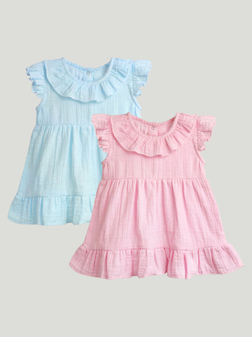 100% Charming Pink & Sky Blue Linen Girls Frock Combo | Stylish Pink & Blue Dresses for Girls