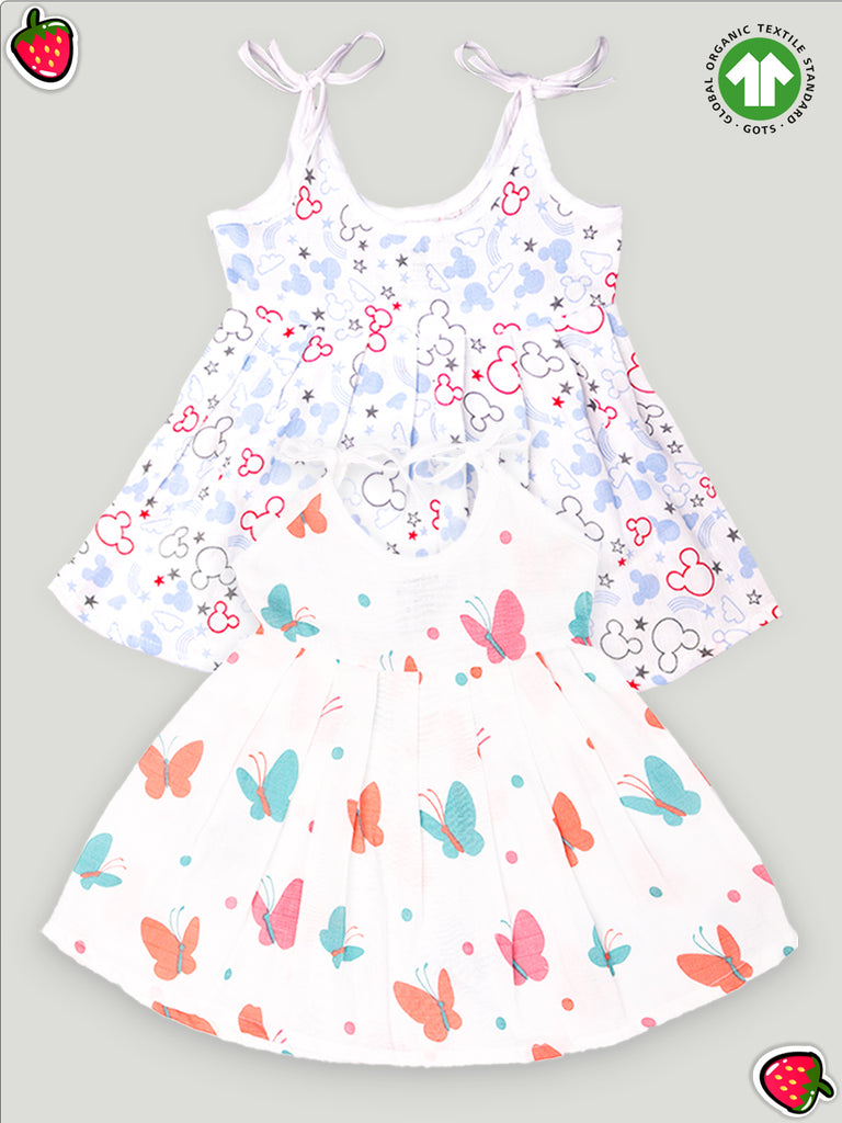 Extra Soft Muslin  Fabric Baby Girls Frock | Mickey and Butterfly Print Pack of 2