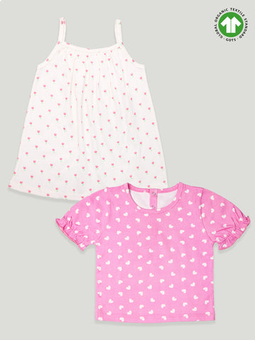 kidbea 100% Organic cotton girls frock | White and Pink Top Pack of 2