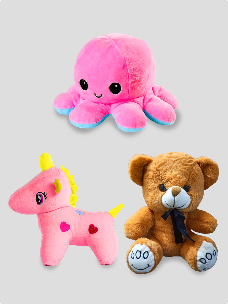 Kidbea Teddy Brown, Unicorn Pink & Octopus Mood Change Toy, Suitable for Boys, Girls and Kids, Super-Soft, Safe, 30 cm.