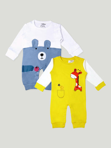 Kidbea Pack of 2 Full Sleeves Cotton Giraffe and Bear Print Romper/Bodysuit - Yellow & Blue