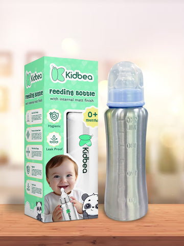 KIdbea Baby Feeding Steel Milk Bottle, BPA Free, Anti-Colic, Blue Plastic Cap, Medium-Flow Nipple - 240 ML