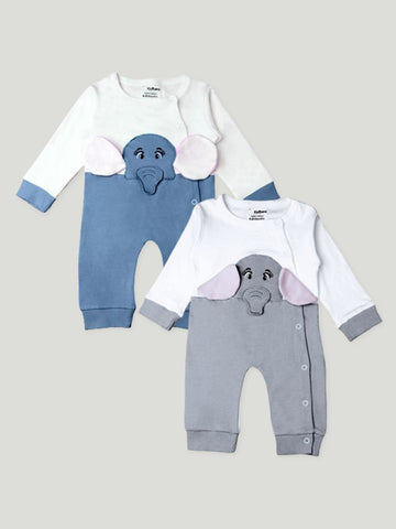 Kidbea Pack of 2 Full Sleeves Cotton Elephant Print Romper/Bodysuit - Blue & Grey