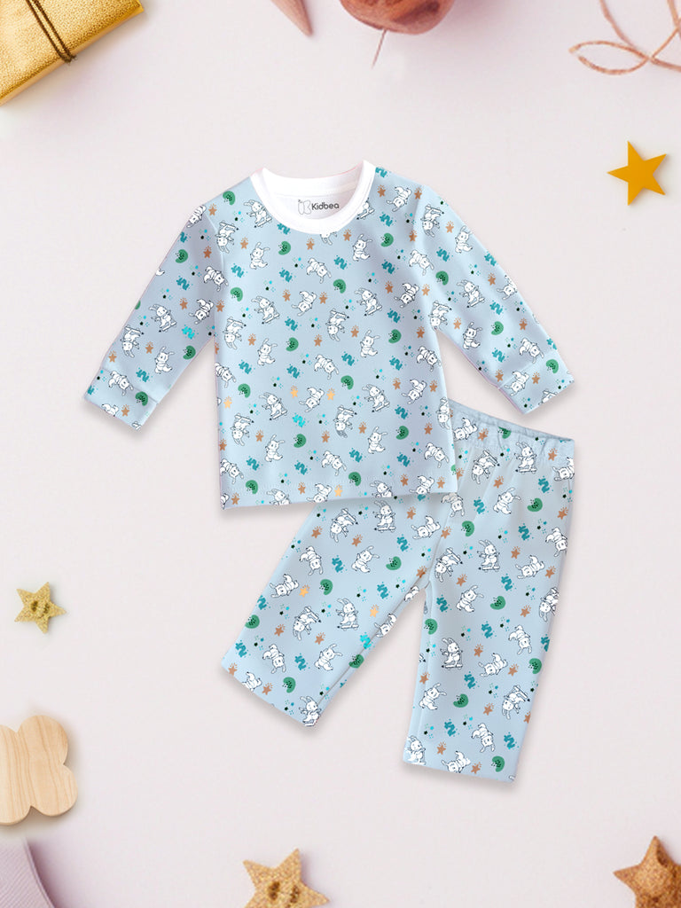 Kidbea 100% Bamboo Cotton Unisex Full Sleeves Bunny Printed Co-Ord Set - Sky Blue