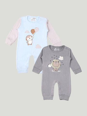 Kidbea Pack of 2 Full Sleeves Cotton Penguin and Lion Print Romper/Bodysuit - Blue & Grey