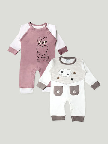 Kidbea Pack of 2 Full Sleeves Cotton Cute and Star Print with Pocket Romper/Bodysuit - Purple & Brown