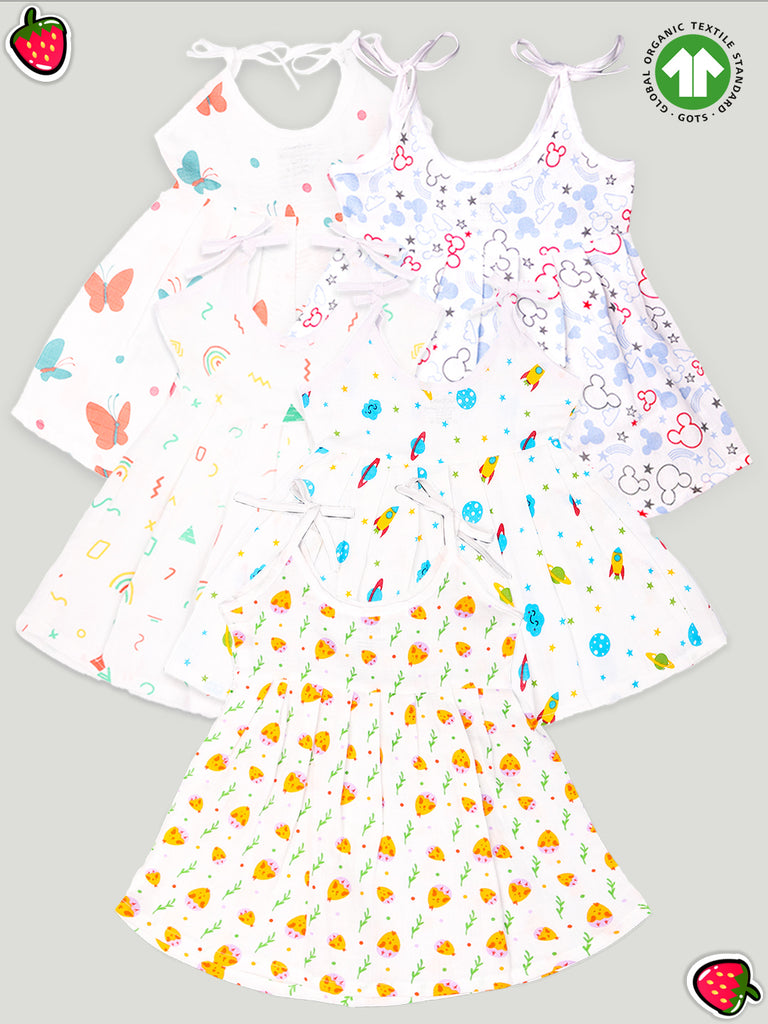 Extra Soft Muslin  Fabric Baby Girls Frock | Pack of 5 | Butterfly, Mickey, Space, Rainbow and Cute Chick Print