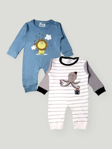 Kidbea Pack of 2 Full Sleeves Cotton Lion and Octopus Print Romper/Bodysuit - Blue & Grey