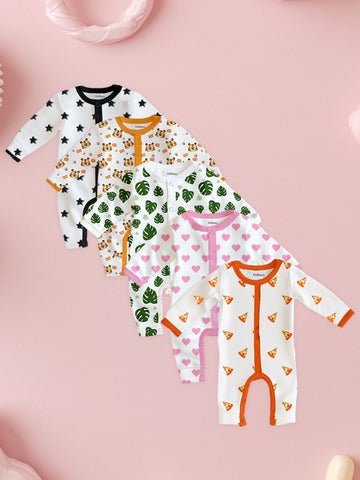 100% Organic Cotton Baby Rompers/Bodysuits – Set of 5 with Star, Tiger, Leaf, Pizza & Heart Patterns