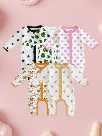 100% Organic Cotton Baby Rompers/Bodysuits – Set of 5 with Star, Tiger, Leaf, Pizza & Heart Patterns