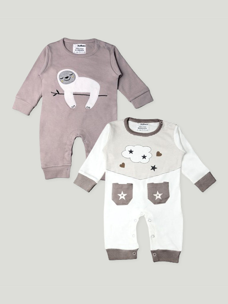 Kidbea Pack of 2 Full Sleeves Cotton Sloth and Star Print with Pocket Romper/Bodysuit - Grey & Brown