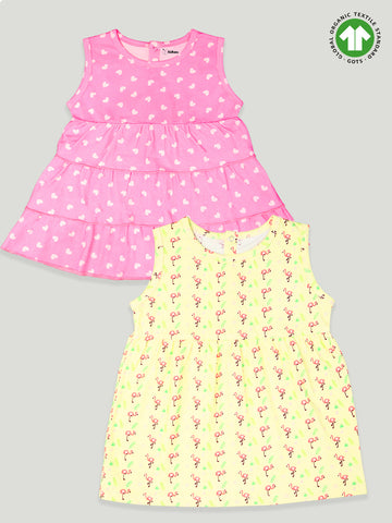 kidbea 100% Organic cotton girls frock | Flamingo and Pinkk Heart Print Frock Pack of 2