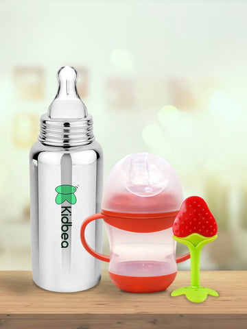 Kidbea Stainless Steel Infant Baby Feeding Bottle with Red Shipper soft pacifer/feeder & Strawberry Shape Silicone Baby Teether, Anti-Colic, Plastic-Free,304 Grade Pack of 3