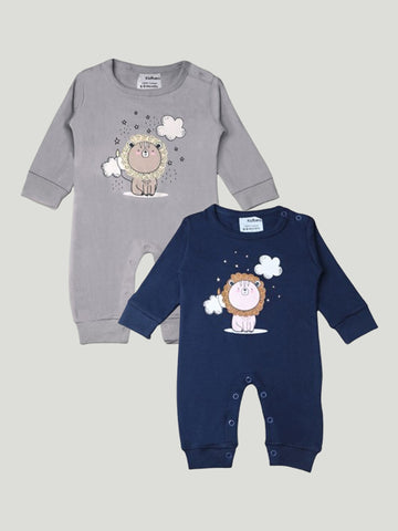 Kidbea Pack of 2 Full Sleeves Cotton Lion Print Romper/Bodysuit - Blue & Grey