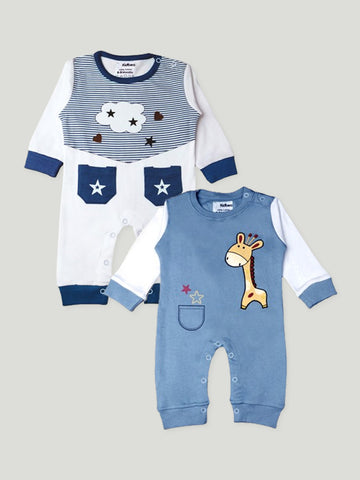 Kidbea Pack of 2 Full Sleeves Cotton Giraffe and Star Print with Pocket Romper/Bodysuit - Blue