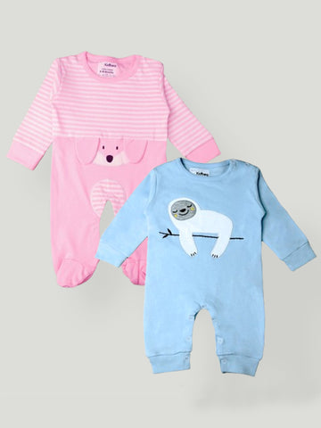 Kidbea Pack of 2 Full Sleeves Cotton Fox and Sloth Print Romper/Bodysuit - Pink & Blue