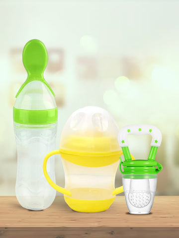 Kidbea Baby Fruit & Spoon Feeder with Yellow Shipper soft pacifer/feeder, Anti-Colic, Plastic-Free Pack of 3