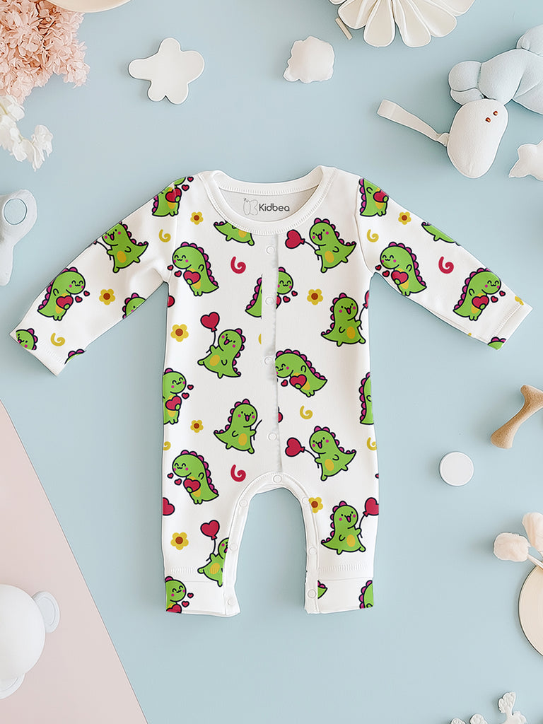 100% Organic Cotton Romper Pack – Heart & Dinosaur Designs, Pink & Olive Green, Full Sleeves