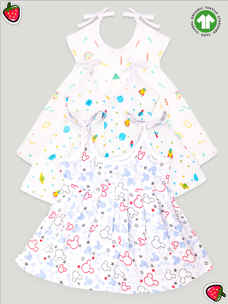 Extra Soft Muslin  Fabric Baby Girls Frock | Pack of 3 | Rainbow, Mickey and Space Print