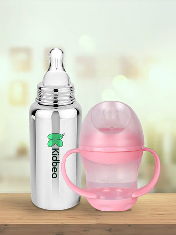 Kidbea Stainless Steel Infant Baby Feeding Bottle & Pink Shipper soft pacifer/feeder, Anti-Colic, Plastic-Free,304 Grade Medium-Flow Combo of 2