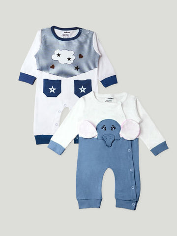 Kidbea Pack of 2 Full Sleeves Cotton Elephant and Star Print with Pocket Romper/Bodysuit - Blue