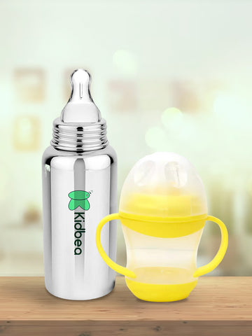 Kidbea Stainless Steel Infant Baby Feeding Bottle & Yellow Shipper soft pacifer/feeder, Anti-Colic, Plastic-Free,304 Grade Medium-Flow Combo of 2