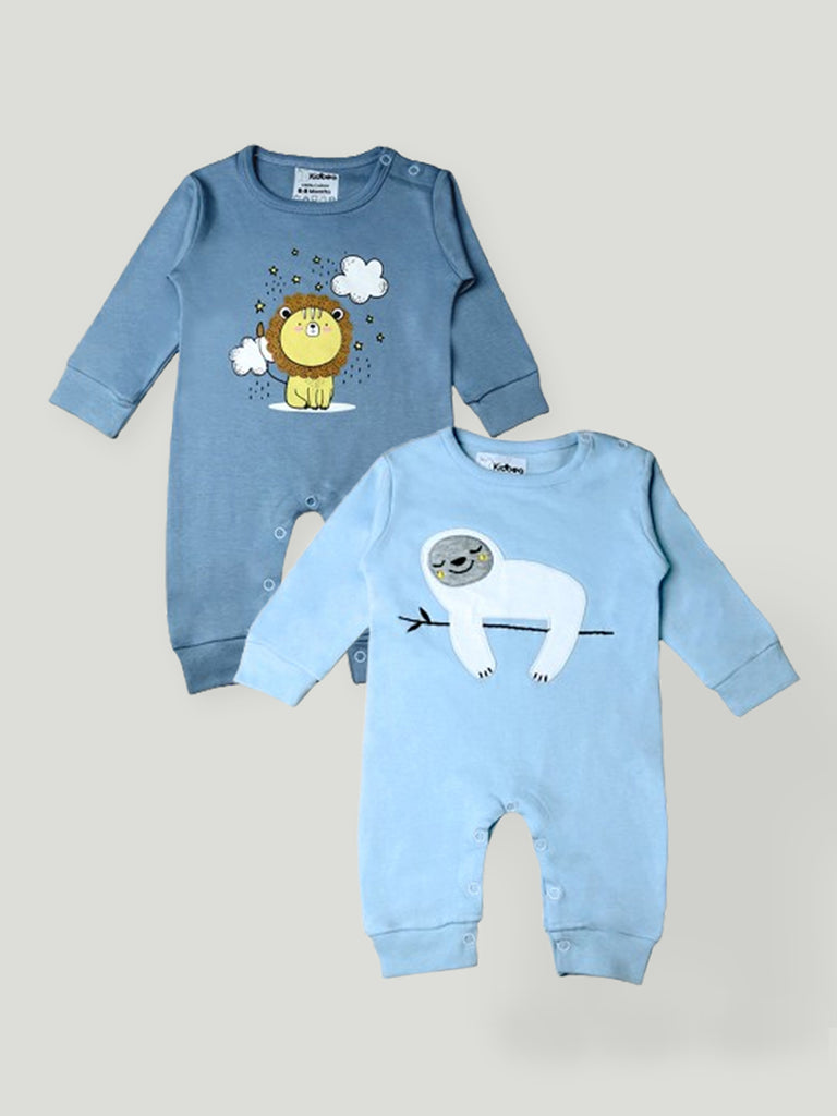 Kidbea Pack of 2 Full Sleeves Cotton Lion and Sloth Print Romper/Bodysuit - Blue