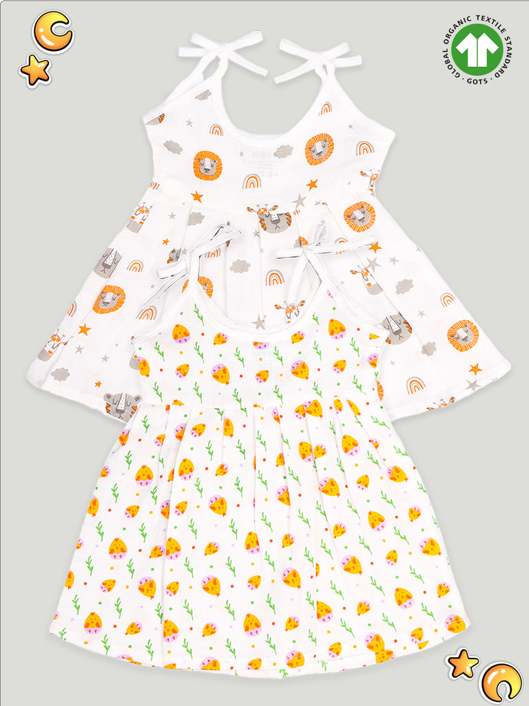 Extra Soft Muslin  Fabric Baby Girls Frock | Tiger and Cute Chick Print Pack of 2