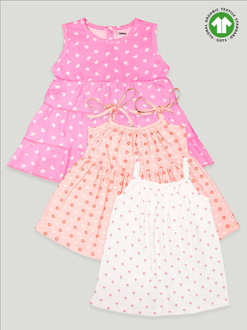 kidbea 100% Organic cotton girls frock | Pink Dots, Heart Pink Frock and White Top Pack of 3