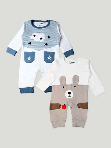 Kidbea Pack of 2 Full Sleeves Cotton Bear and Star Print with Pocket Romper/Bodysuit - Blue & Brown