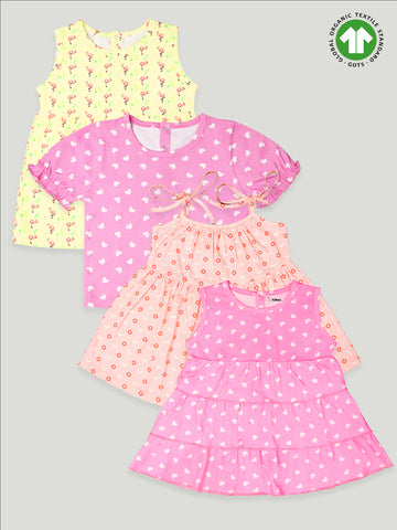 kidbea 100% Organic cotton girls frock | Pink Top, Heart and Flamingo, Heart and Dots Print Frock Pack of 4