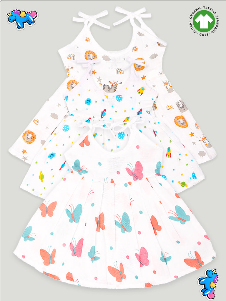 Extra Soft Muslin  Fabric Baby Girls Frock | Pack of 3 | Tiger, Space and Butterfly Print