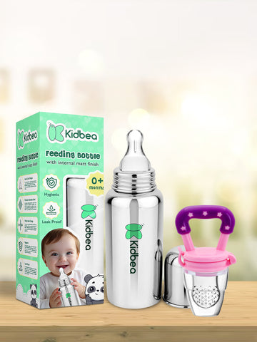 Kidbea Stainless Steel Infant Baby Feeding Bottle,Pink silicon Fruit Feeder BPA Free, Anti-Colic, Plastic-Free,304 Grade Medium-Flow Combo of 2